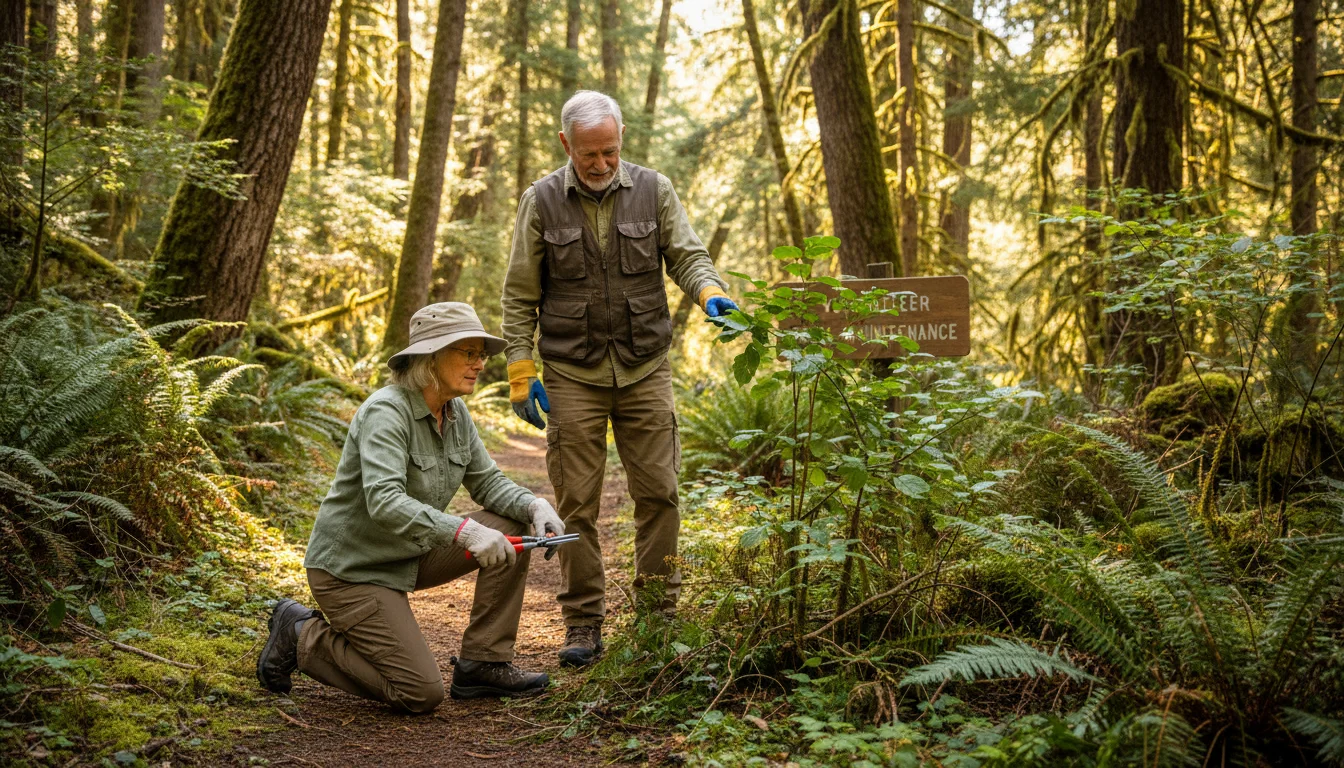 Two older adults, a woman and a man, engaged in trail maintenance on a sun-dappled woodland path, trimming brush and observing plants.