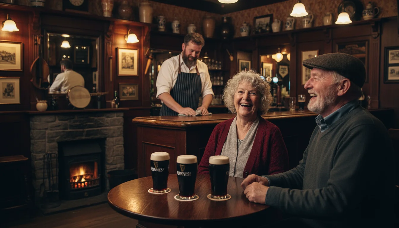 Two older adults, a woman and a man, laugh with a barman inside a cozy, dimly lit Irish pub, with pints on the table.