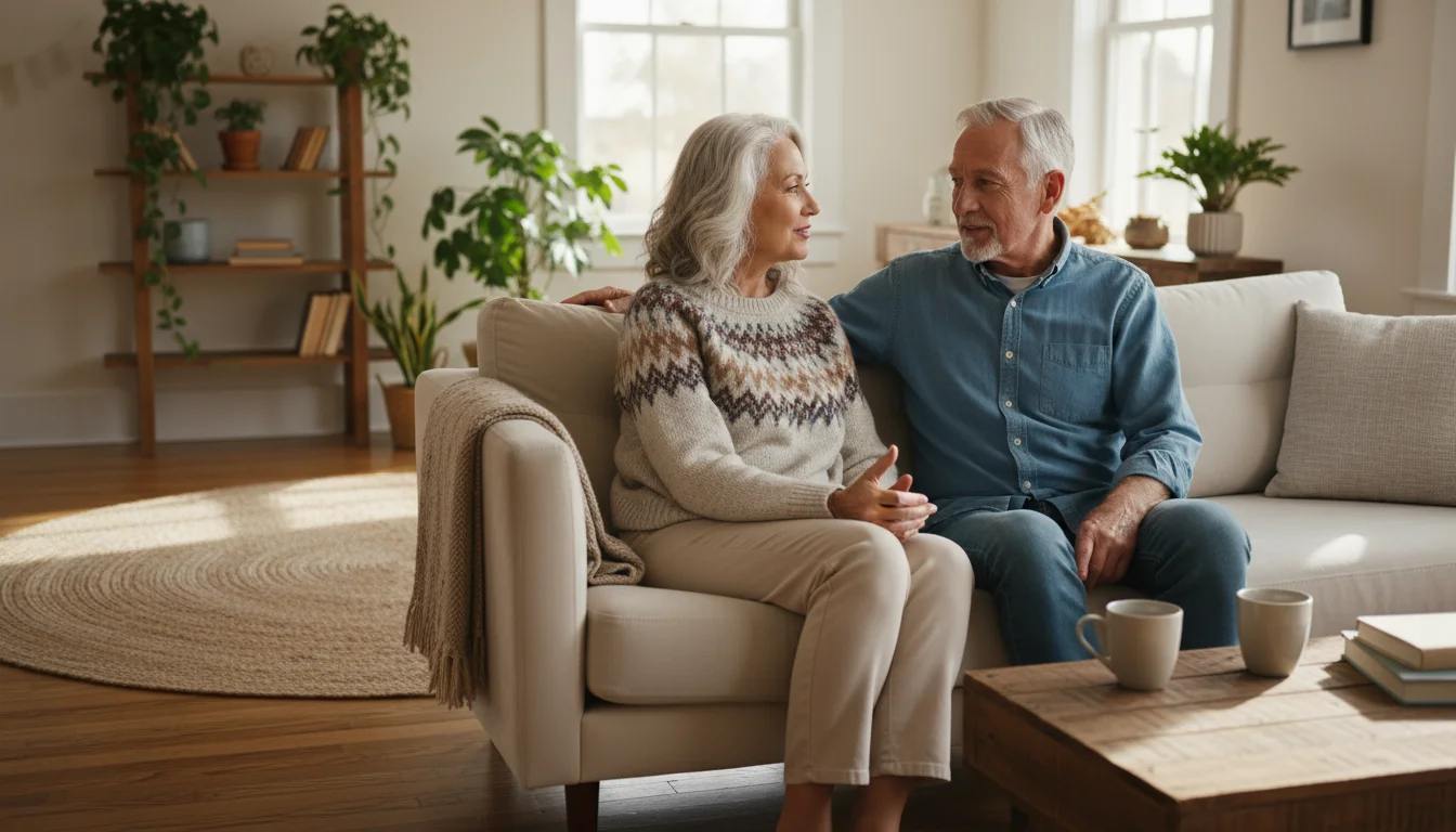 Two older adults, a woman and a man, sit on a living room sofa, deeply engaged in a friendly conversation.