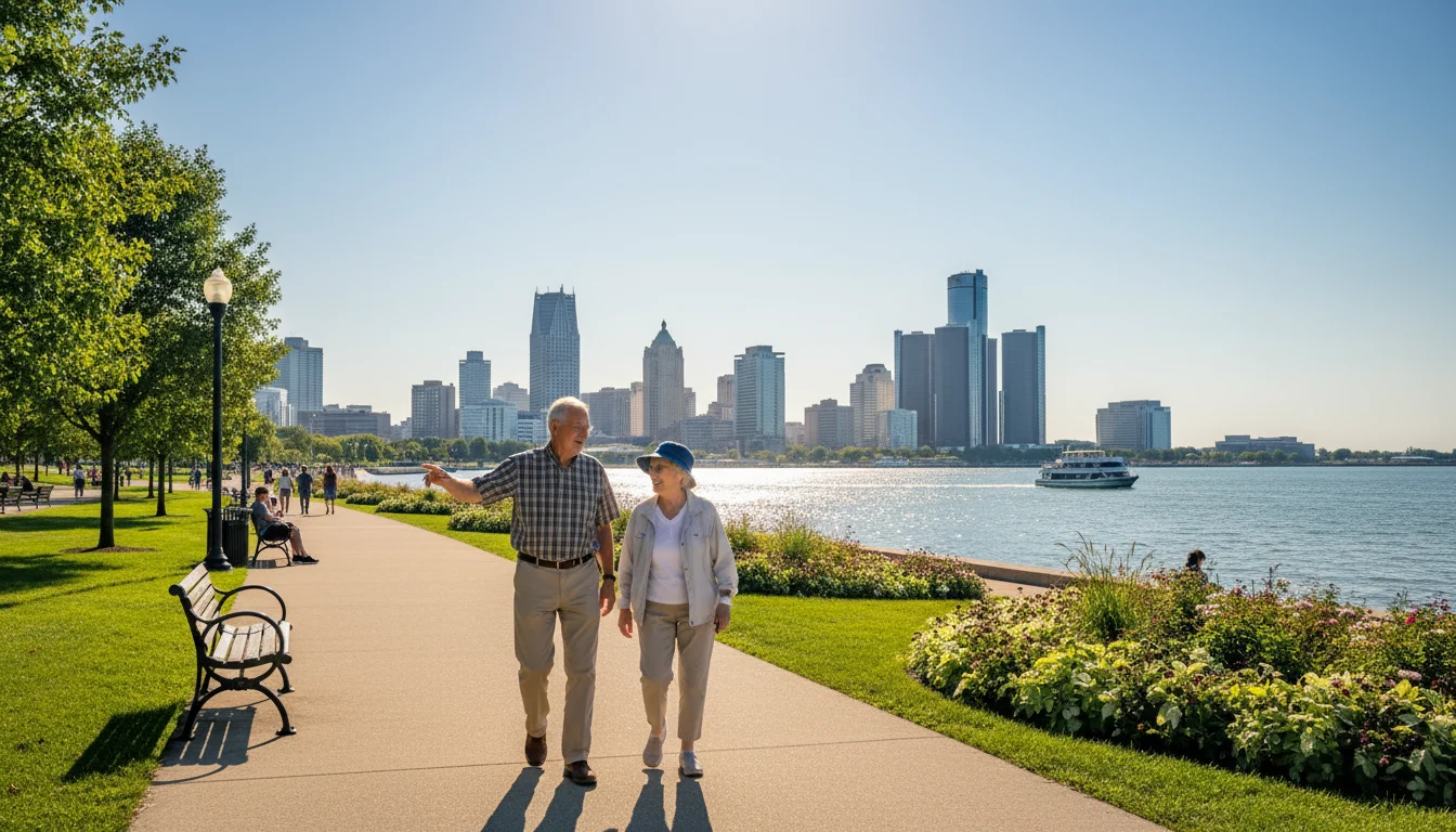 Two older adults, a woman and a man, walk leisurely on the paved Detroit Riverwalk under a clear sky, with the Windsor, Canada skyline visible across