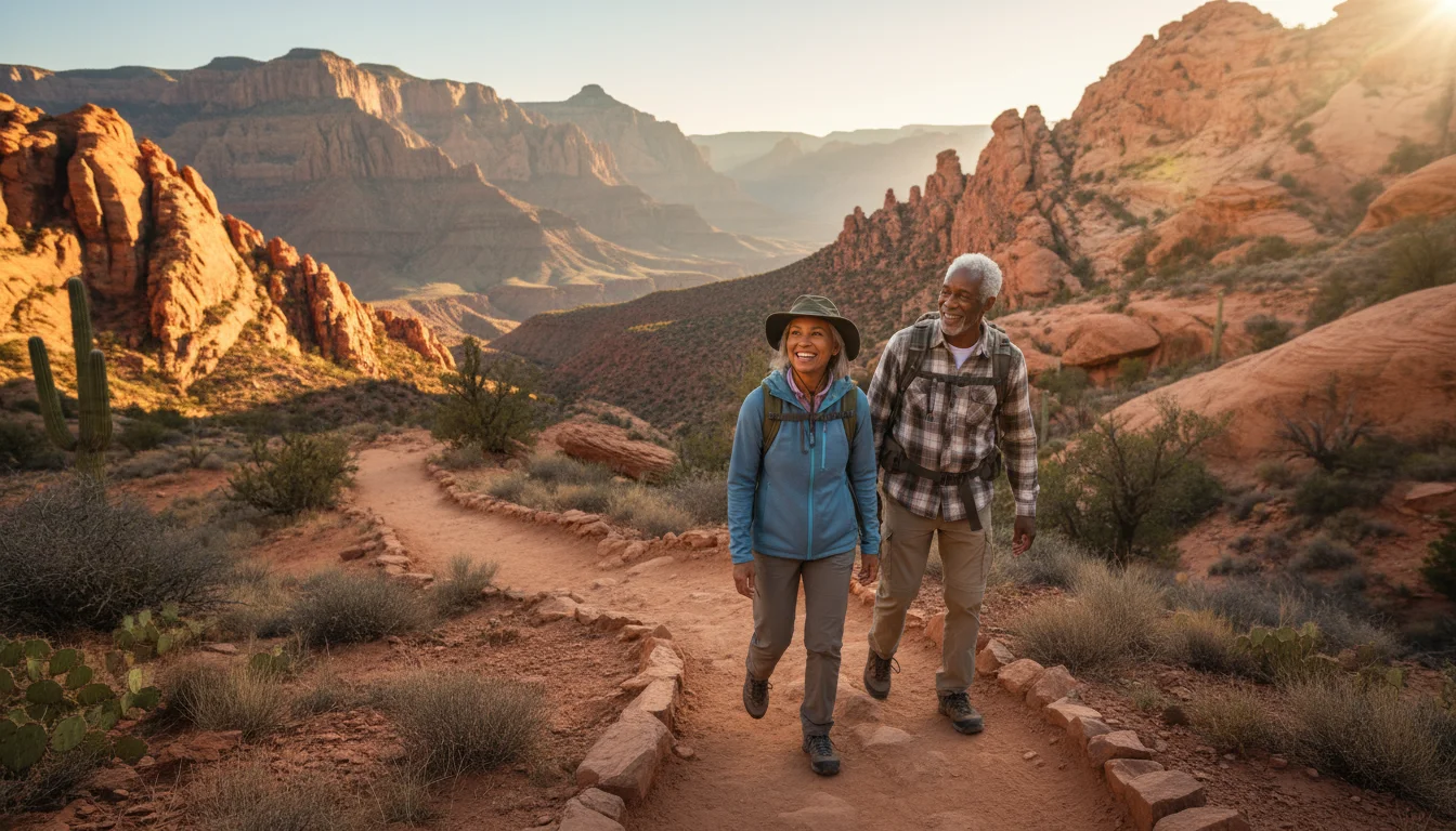 Two older hikers, a smiling man and woman, walk a dirt trail through a sunlit red rock canyon with towering walls.