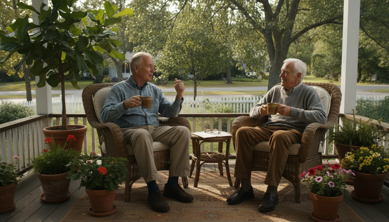 Two older men sit on a porch, drinking coffee and talking. One man gestures while the other listens with a warm smile.