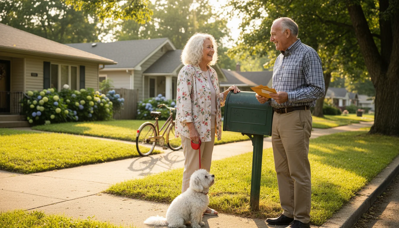 Two older neighbors, a woman with a small dog and a man with mail, chat casually by a mailbox on a sunny sidewalk.