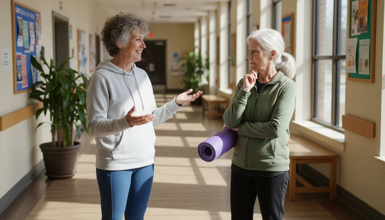 Two older women in athleisure talk in a sunlit hallway. One smiles openly, inviting the other, who holds a yoga mat.
