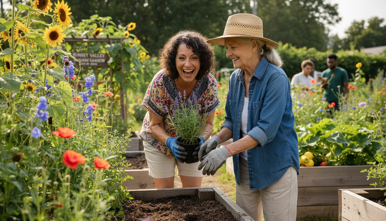 Two older women, one with gardening gloves, smiling warmly while planting flowers together in a sunny community garden.
