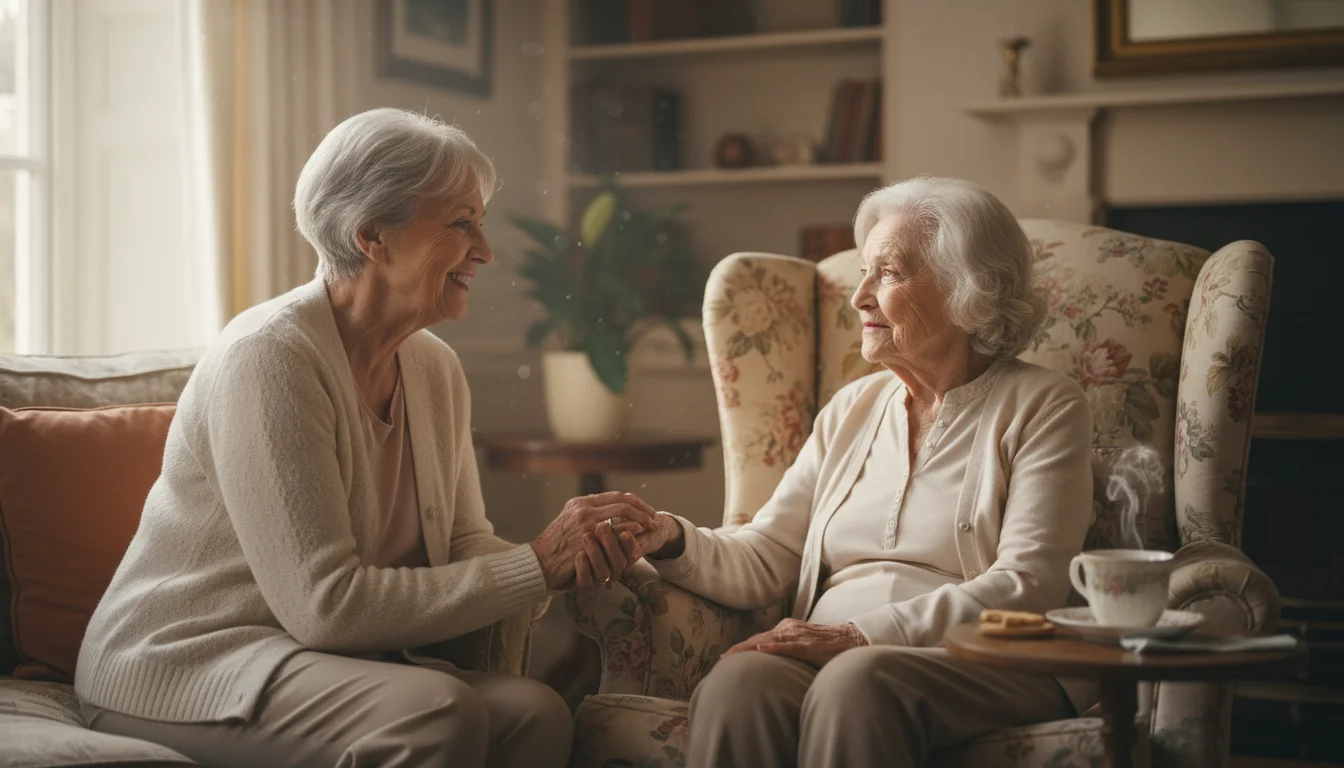 Two older women, one in her 60s gently holding the hand of another in her 80s, engaged in a warm conversation in a living room.