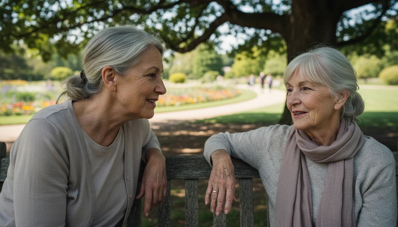 Two older women on a park bench, one listening intently, the other speaking with a gentle, contented smile.