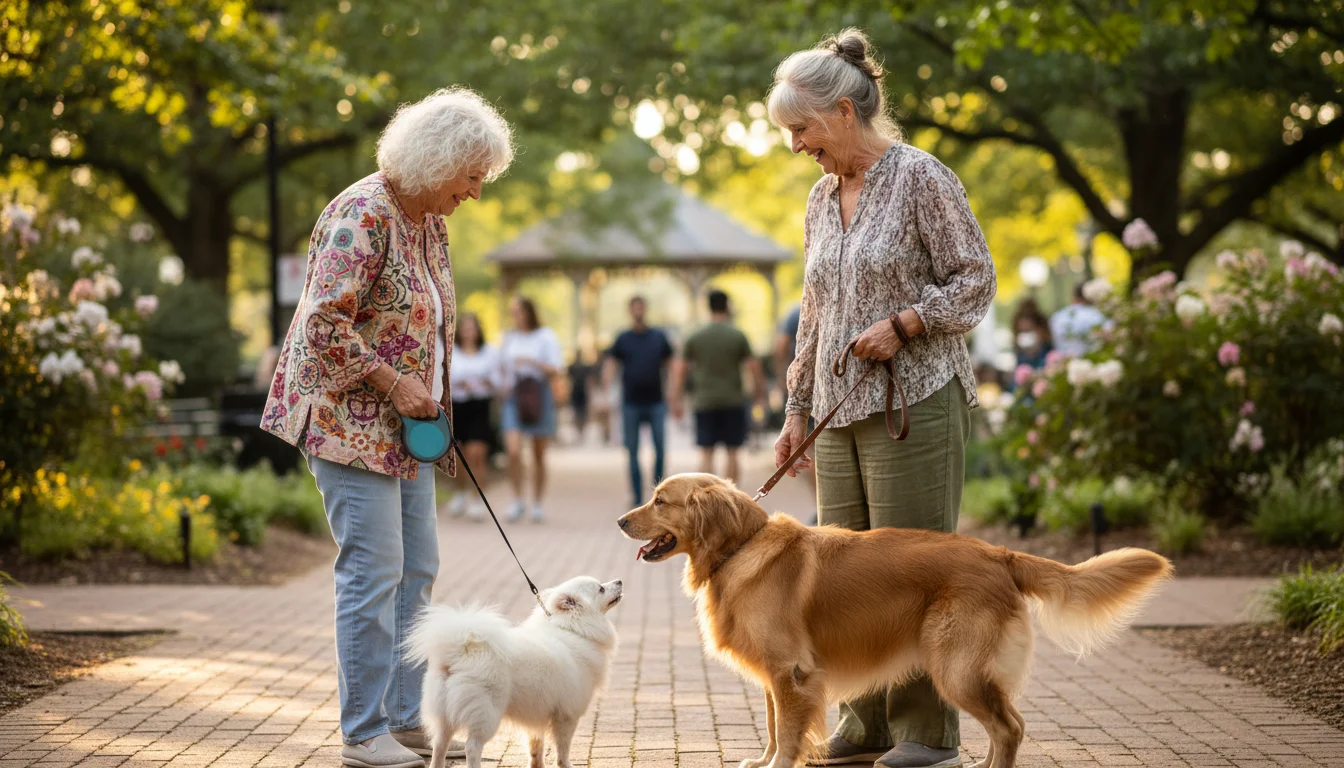 Two older women and their dogs smiling, making eye contact on a park path, clearly beginning a conversation.