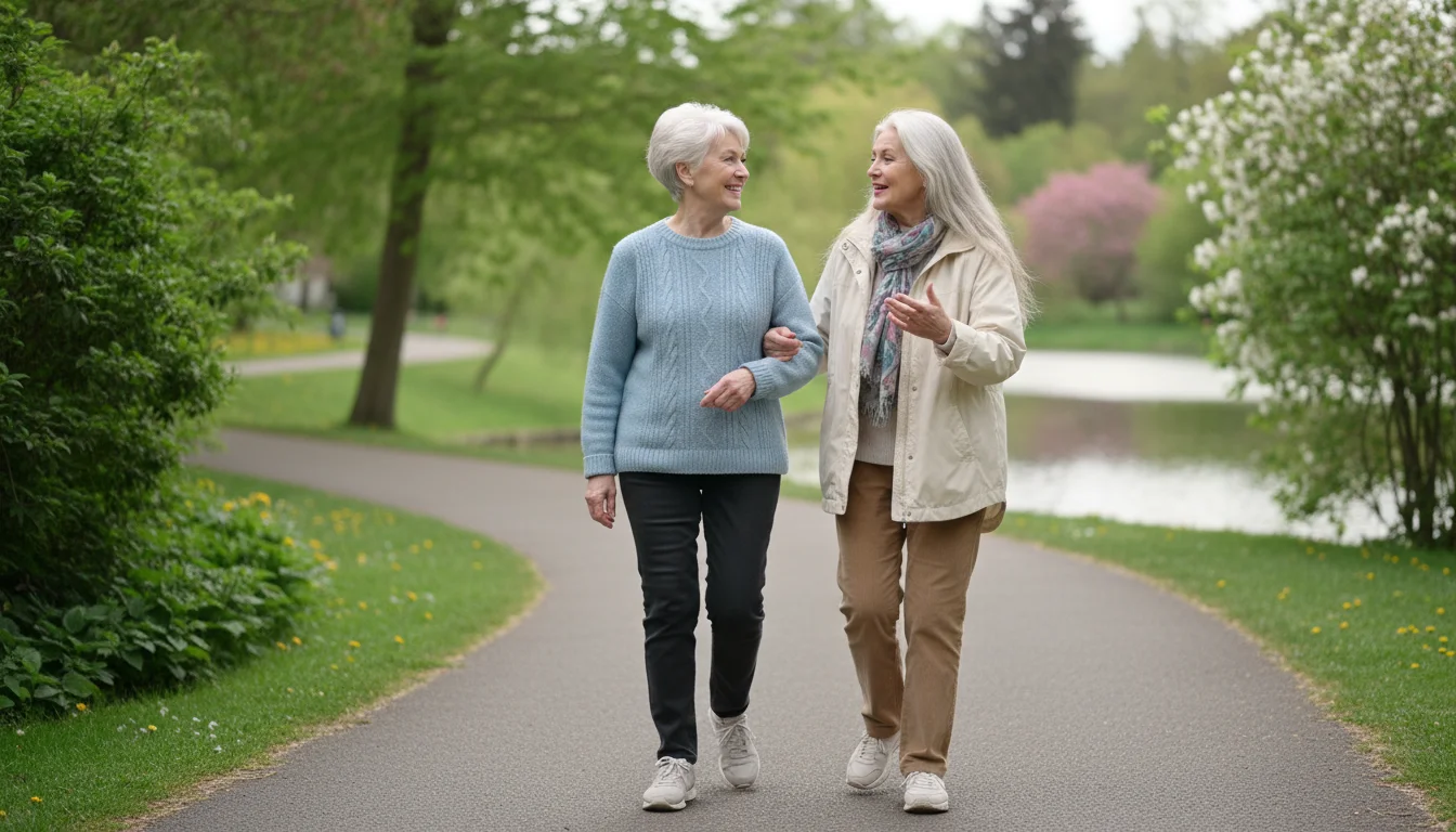 Two older women walk side-by-side on a park path, engaged in conversation. One smiles warmly at her friend who gestures as she speaks.