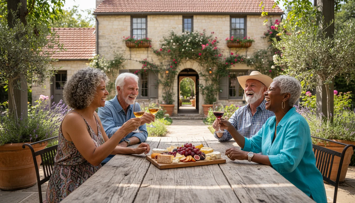 Two senior couples laughing on a Fredericksburg patio with wine, cheese, German-style architecture, and distant hills with wildflowers.
