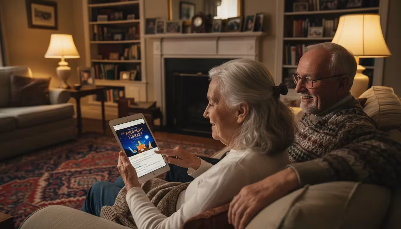 Two senior friends sharing a tablet, looking at a Goodreads book page together in a cozy living room.
