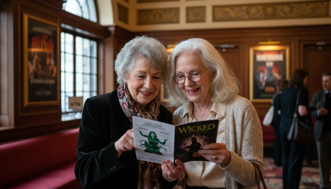 Two senior women, one with silver hair, the other with styled grey hair, smiling warmly as they share a Broadway playbill in a theater lobby.