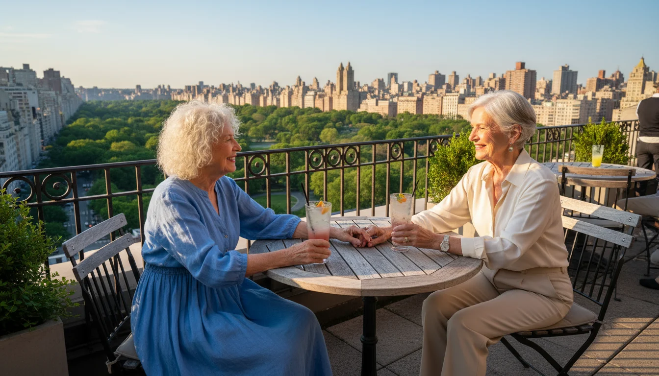 Two senior women at a table on The Met's rooftop garden bar, looking out over the Central Park skyline.