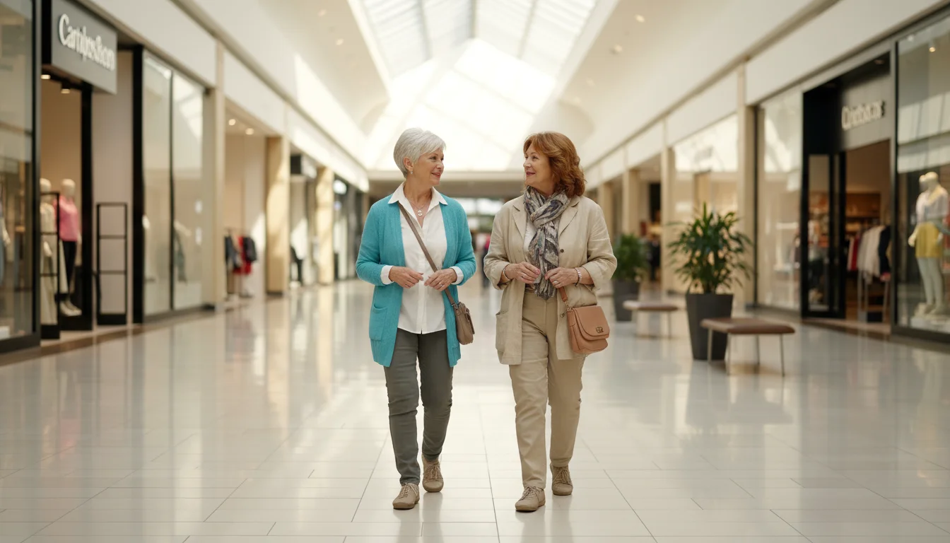 Two senior women walk side-by-side, chatting and smiling, down a well-lit, unobstructed corridor in an indoor shopping mall.