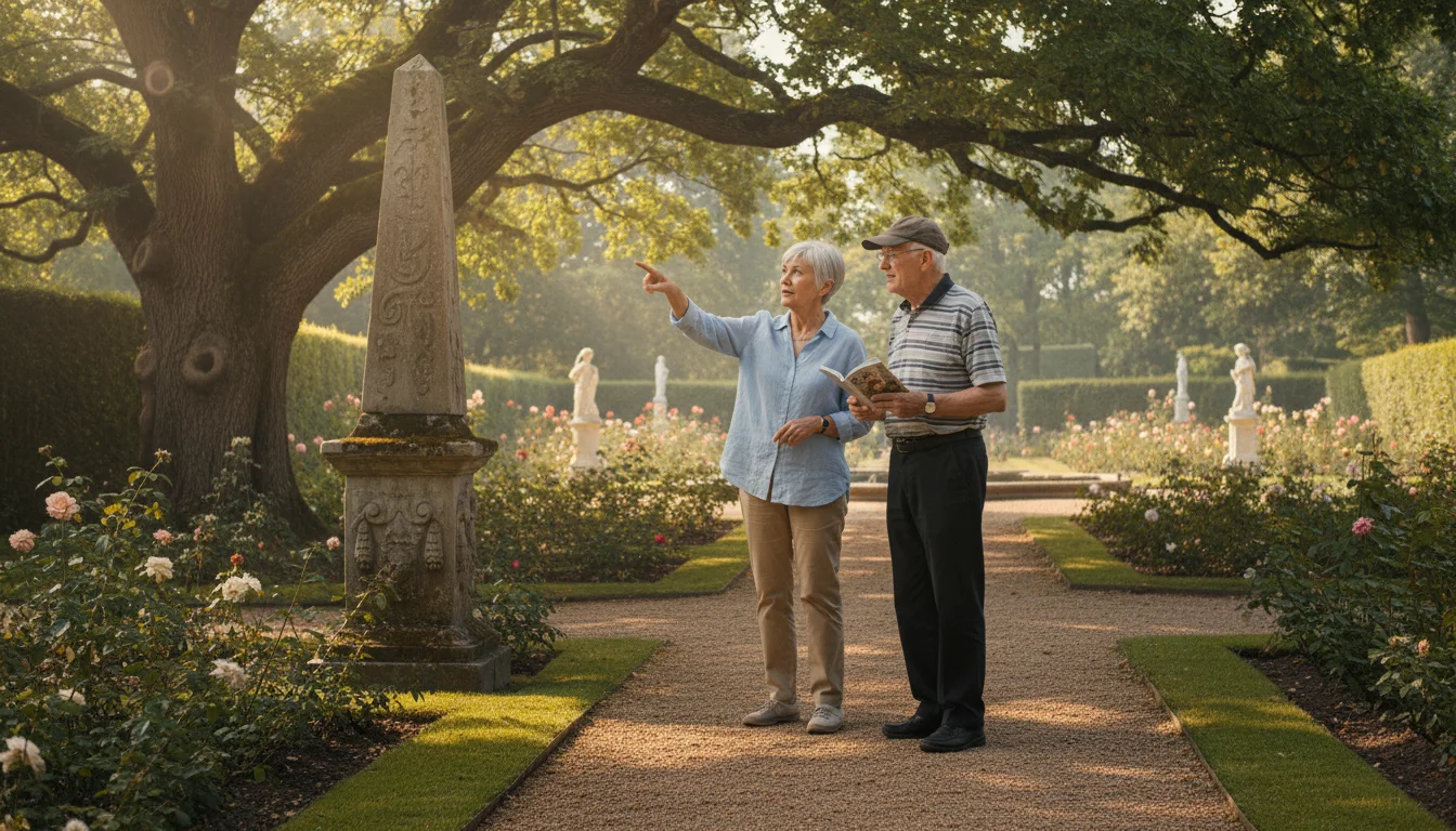 Two seniors in a historical garden, pointing at a stone marker or ancient tree.