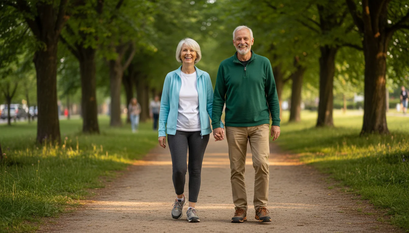 Two seniors, a man and a woman, walk briskly on a dirt park path, wearing athletic shoes and comfortable clothes, enjoying the outdoors.