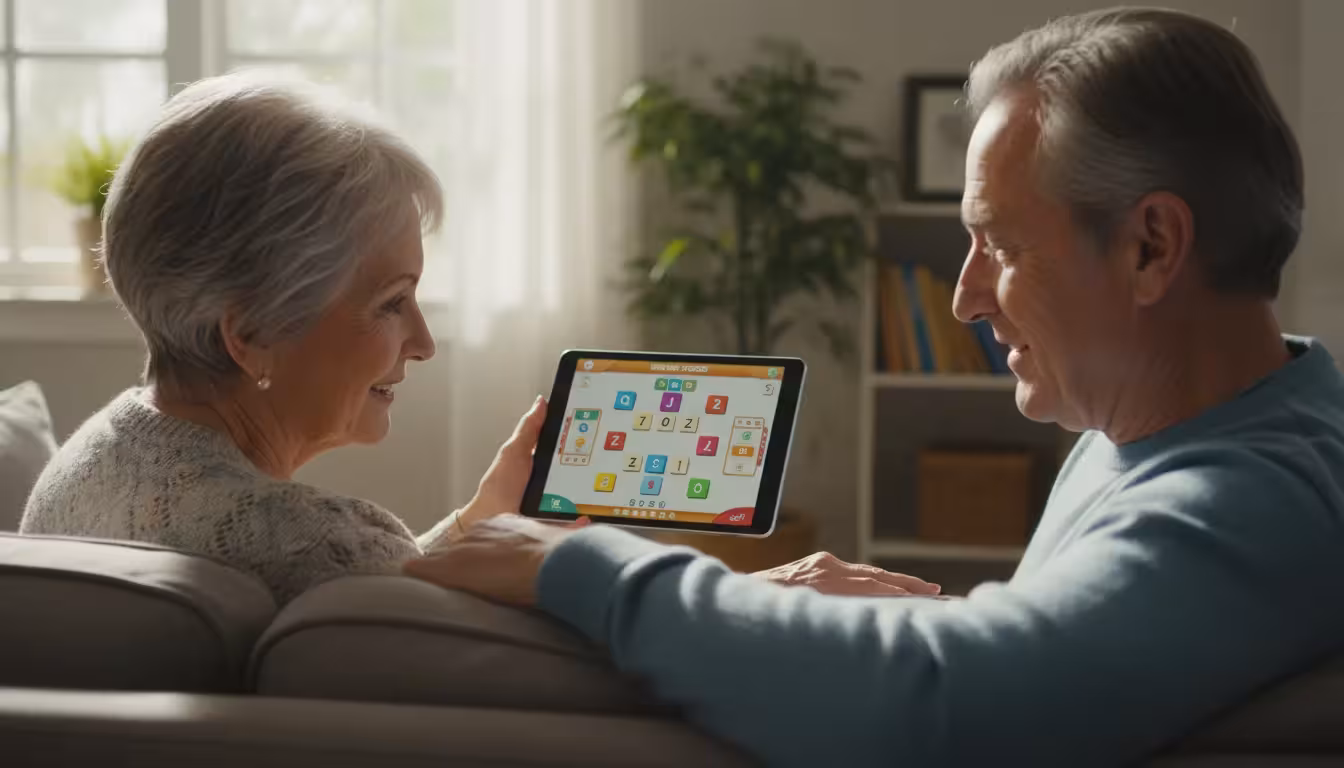 Two seniors on a sofa, a woman holding a tablet with Words with Friends, her male friend looking on, his hand on her arm.