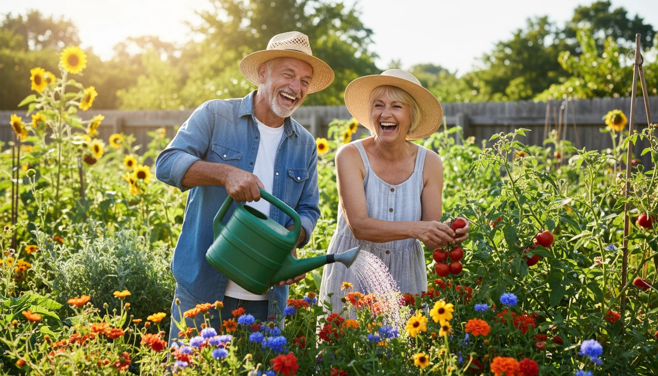 Two smiling older adults, a man and a woman, gardening in a sunlit community garden. The man waters flowers, the woman picks a tomato.