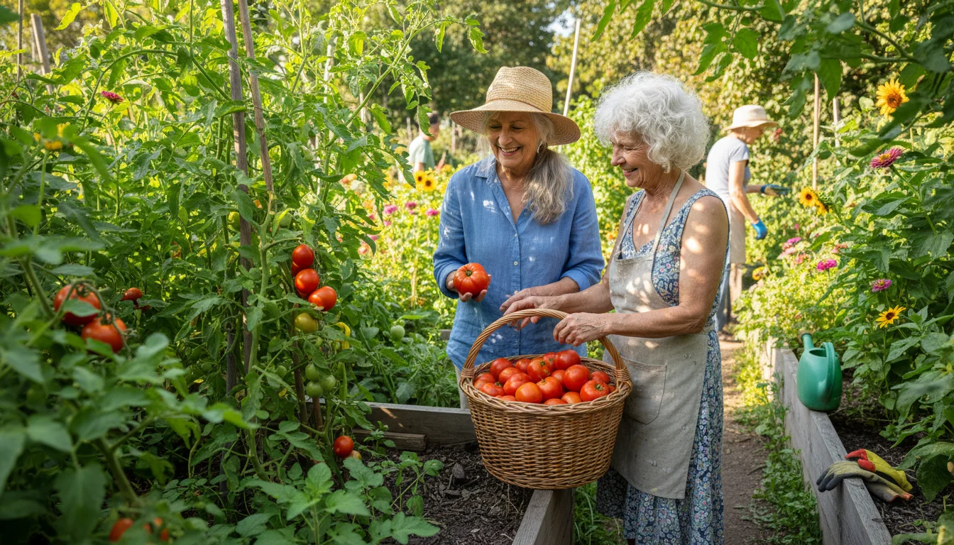 Two smiling older women laugh while examining fresh tomatoes in a basket in a vibrant community garden. An older man tends plants in the background.