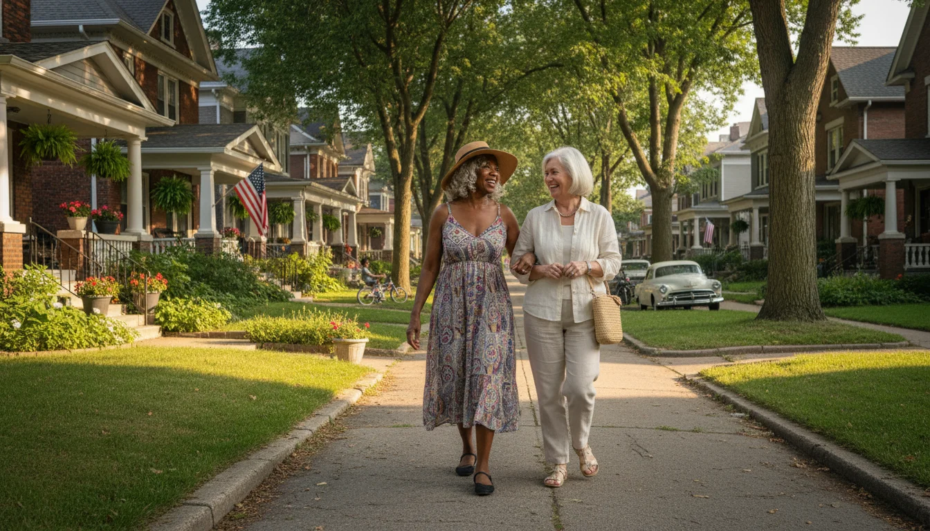 Two smiling older women, one African American and one Caucasian, stroll arm-in-arm down a peaceful, tree-lined Detroit residential street.