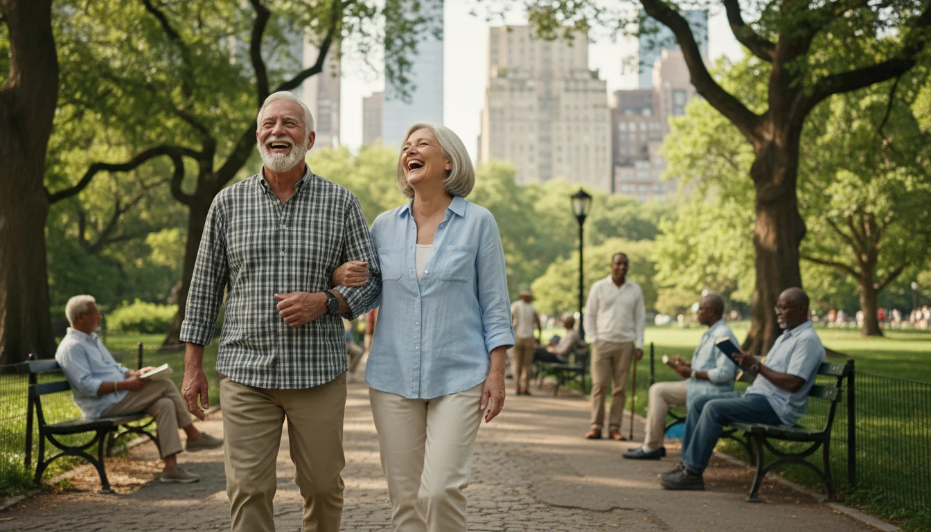 Two smiling senior friends, a man and a woman, stroll arm-in-arm in a sunny New York City park.