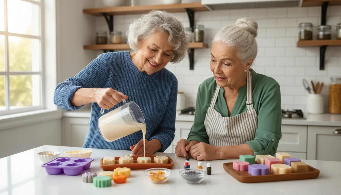 Two smiling senior women make soap: one pours melted soap into molds, the other watches, holding a lavender oil bottle.