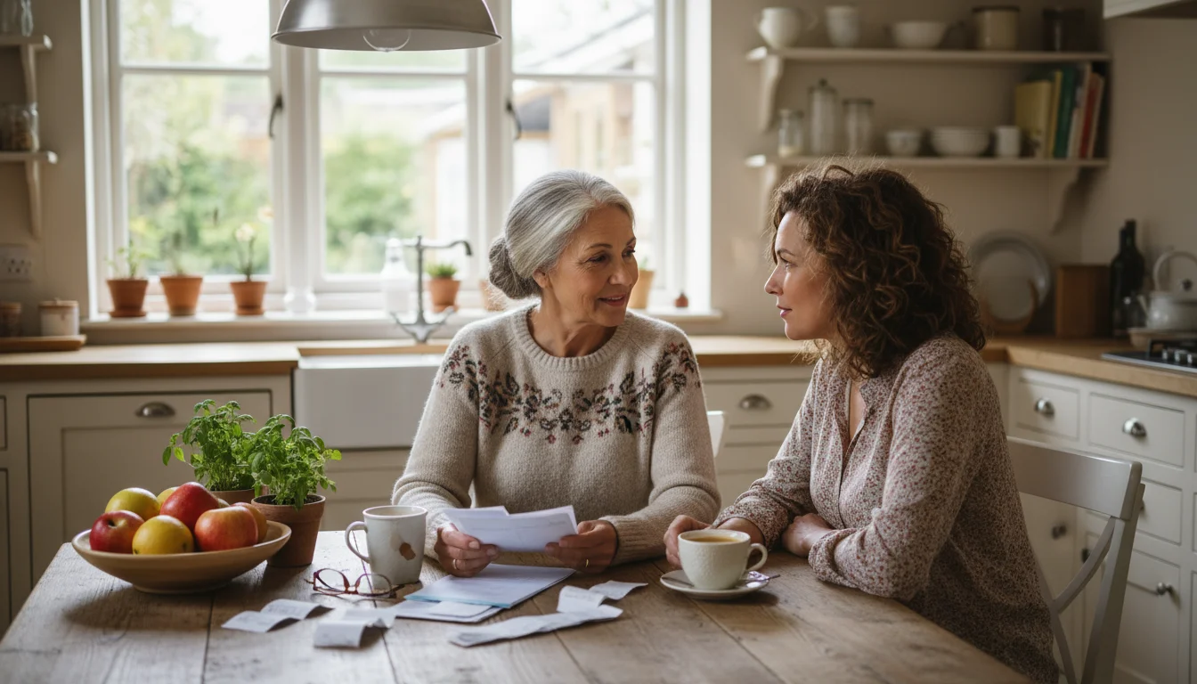 Two women, an older mother and her adult daughter, reviewing financial documents and a budget spreadsheet on a laptop at a kitchen table.