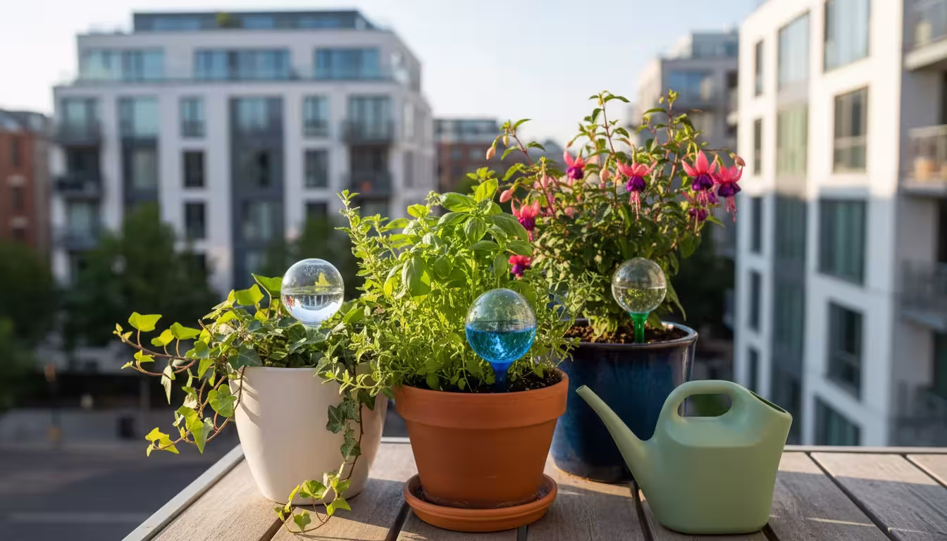 A close-up of various potted plants on an apartment balcony, featuring decorative watering globes in several pots and a lightweight green watering can