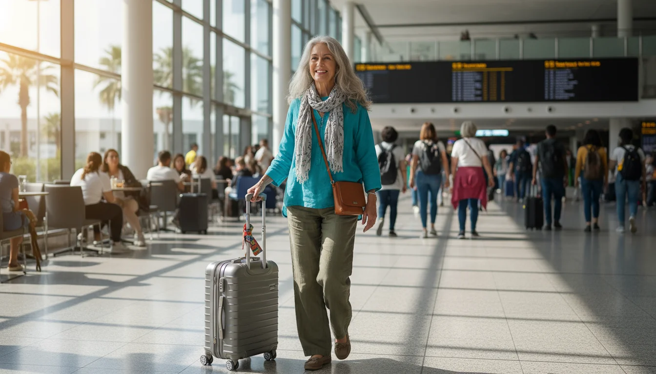 Vibrant older woman, late 60s, pulls a small carry-on suitcase through a sunlit airport terminal with a serene smile.