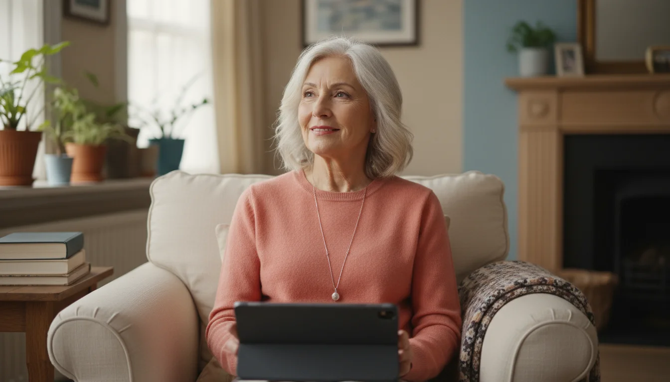A vibrant woman in her early 70s sits thoughtfully in an armchair, holding a tablet while deep in contemplation about her goals.