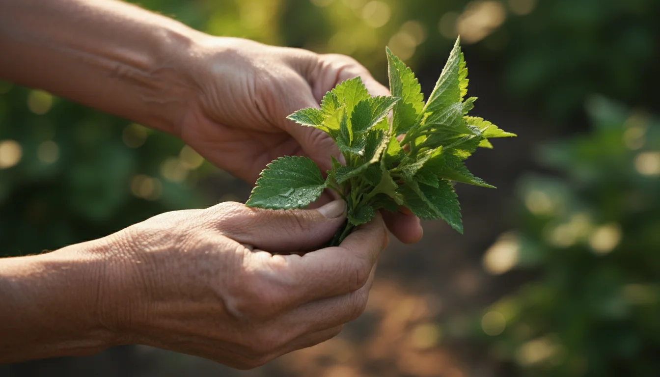 Weathered hands of an older adult gently cradle dew-kissed green leaves from a native plant in a sunlit garden.