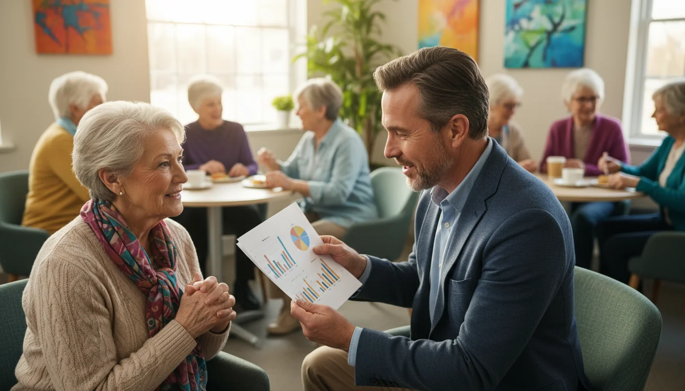 A well-dressed person shows a document with charts to an older woman with a trusting smile at a community gathering, with other seniors in the backgro