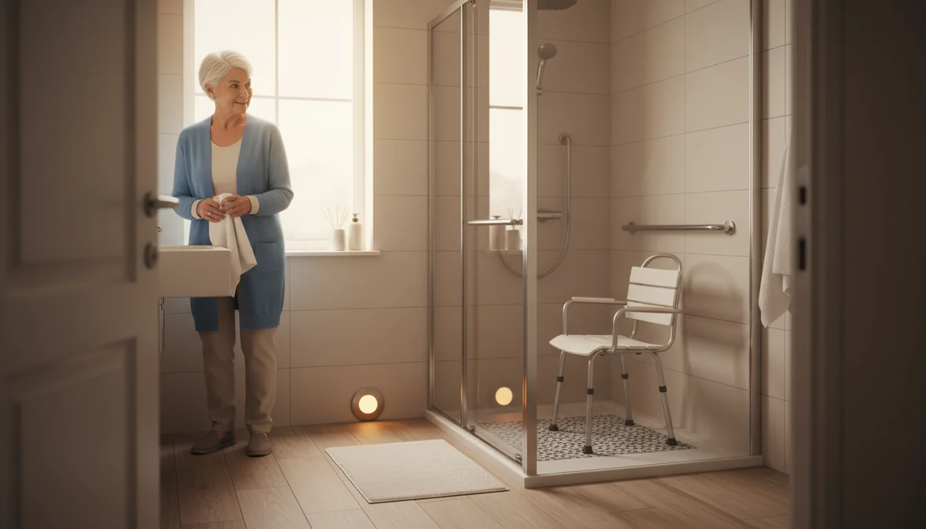 Well-lit bathroom with shower chair, grab bar, non-slip mat, and nightlight. Older woman drying hands at sink.
