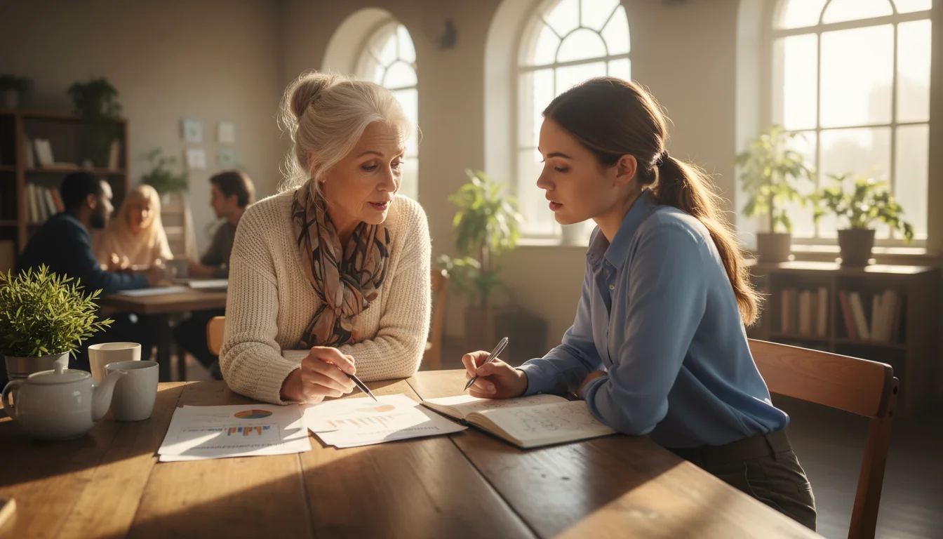 A wise older woman mentors a younger woman over a business document at a wooden table in a community center.