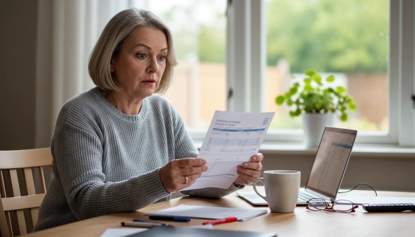 Woman in her early 60s looking with concern at a health insurance statement at her kitchen table.