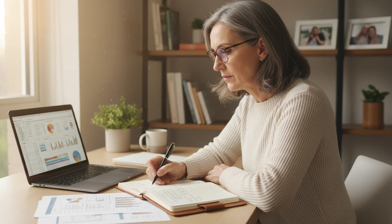 Woman in her early 60s, focused on a laptop and notepad at a wooden desk in a sunlit home office.