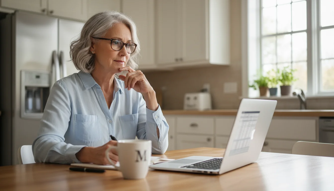 A woman in her early 60s at a kitchen table, looking at a laptop with a hopeful, determined expression.