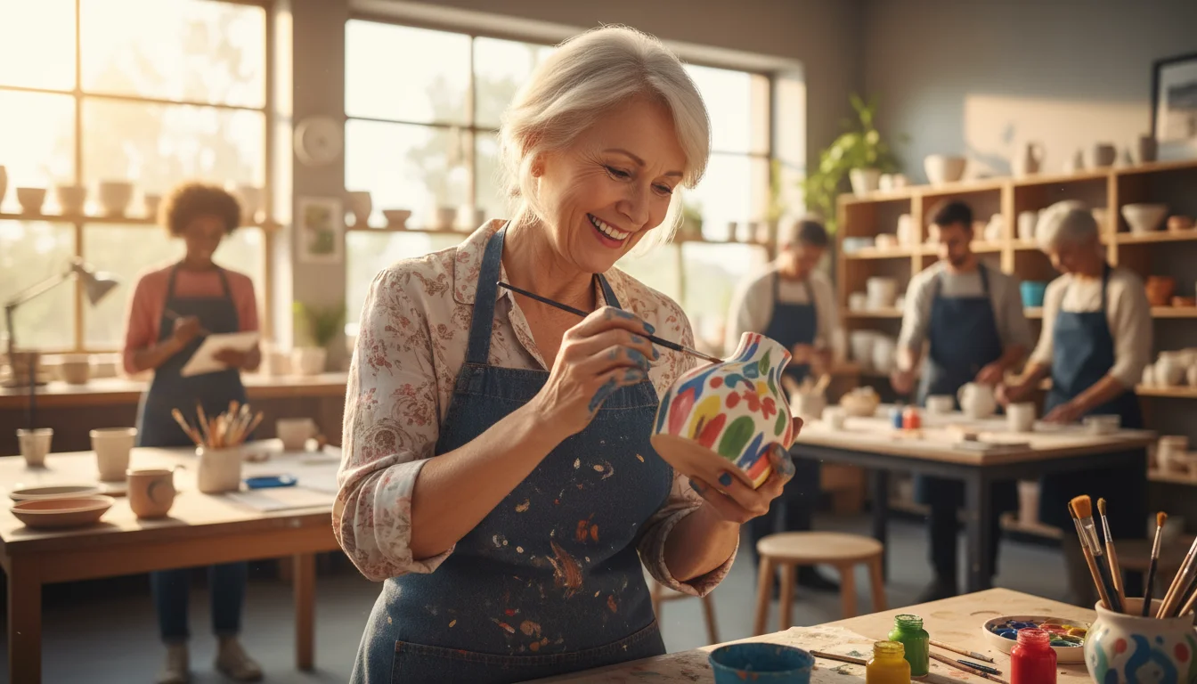Woman in her early 60s, with paint on her hands, carefully painting a ceramic pot in a sunlit art studio.