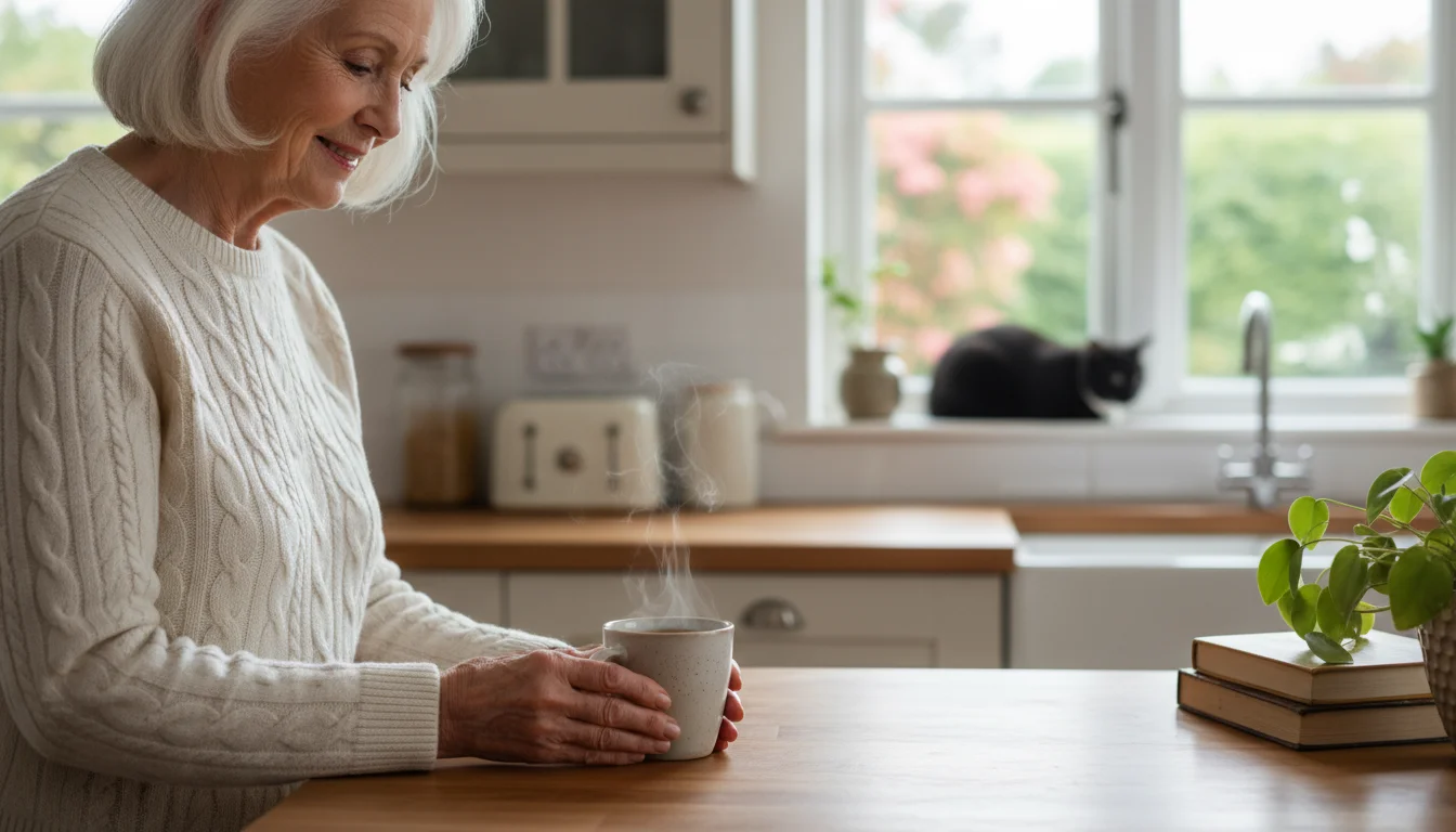 Woman in her early 70s places a steaming coffee mug on a polished wooden counter in a bright, updated kitchen, a modern coffeemaker visible.