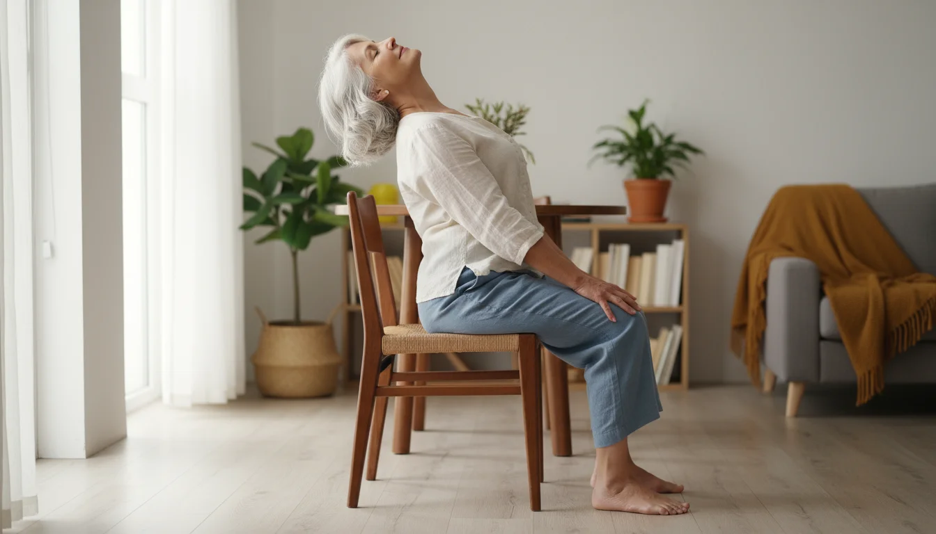 A woman in her early 70s, seated in a chair, gently arching her back with an open chest, looking up in a Cow Pose stretch.