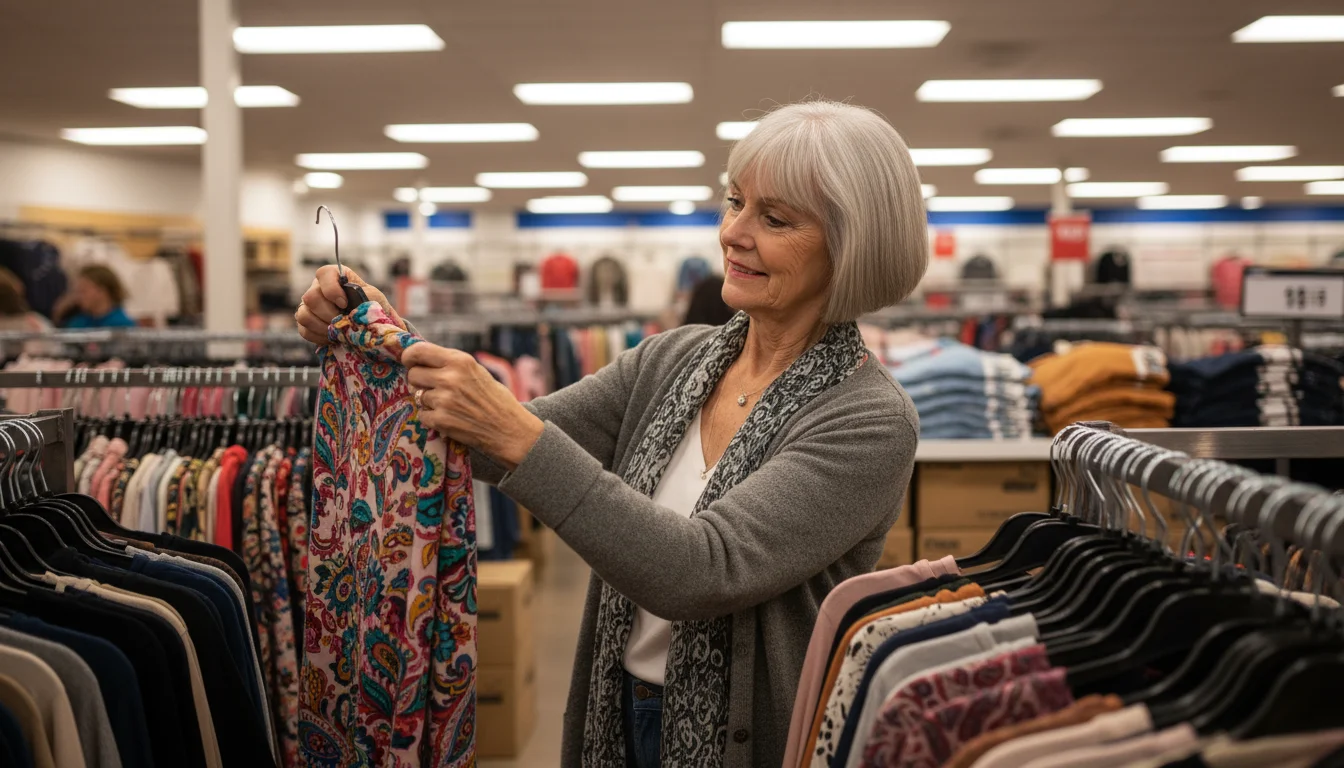 A woman in her early 70s with a silver bob holding up a colorful patterned scarf with a pleased expression inside a TJ Maxx store.