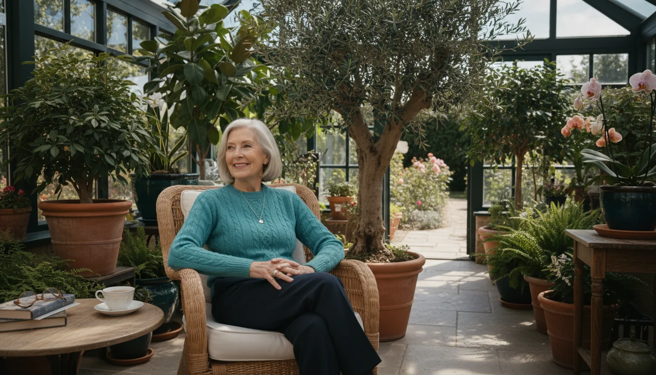 A woman in her early 70s with silver hair smiles warmly in a sunlit conservatory, reflecting confidence and authenticity.