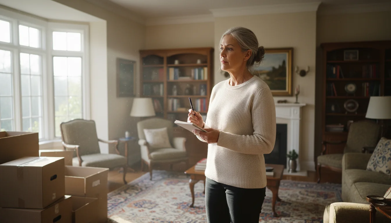 A woman in her early 60s stands in a spacious living room, holding a notebook, looking thoughtfully at her surroundings.