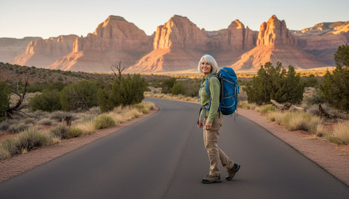 A woman in her early 70s walks a wide, paved trail in a national park at sunset, amidst majestic red rock formations.