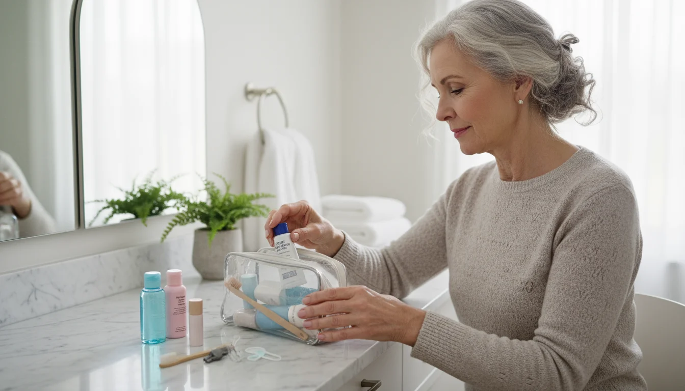 A woman in her late 60s carefully arranges travel-sized toiletries into an open bag on a bright bathroom counter, preparing for a trip.