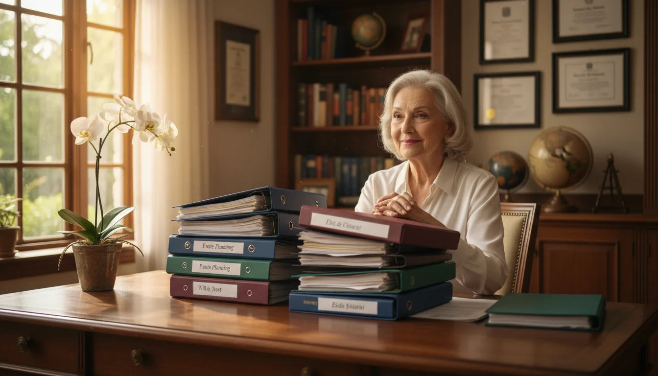 Woman in her late 60s-early 70s sits calmly at a desk with neatly organized financial binders. She smiles gently, showing confidence.