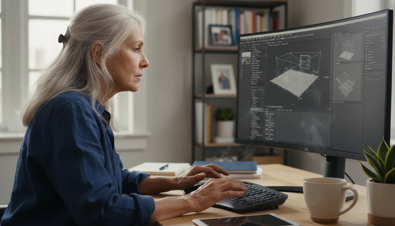 A woman in her late 60s intently works at a computer in a sunlit, modern home office, her hands poised over a keyboard.