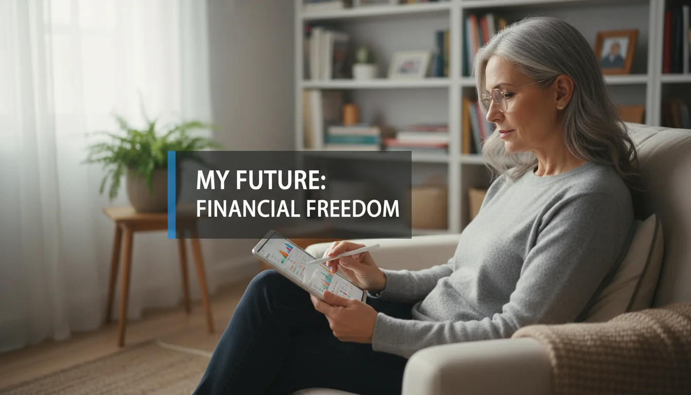 A woman in her late 50s sits comfortably, intently viewing a financial planning app on a tablet in her lap.
