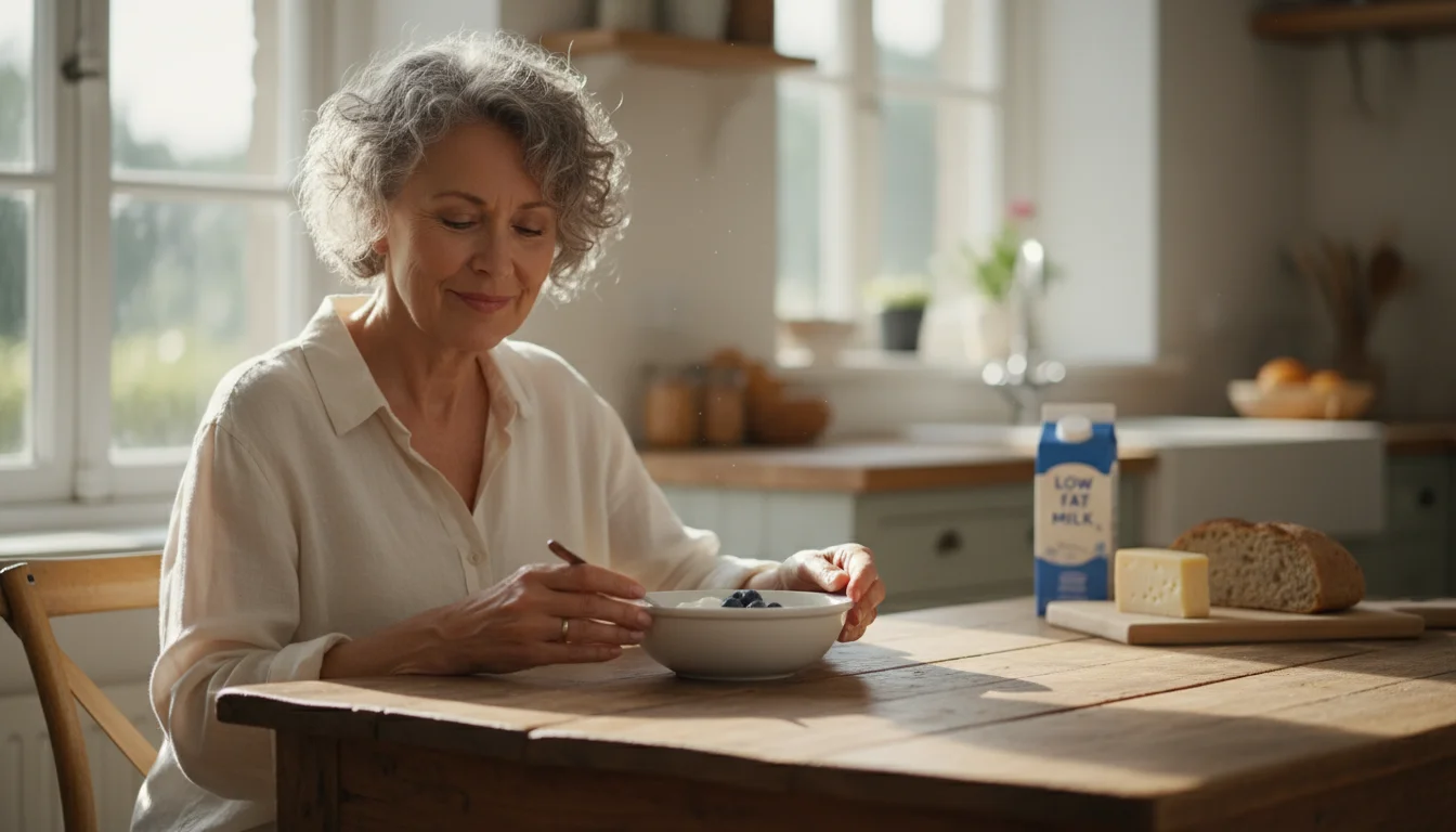 A woman in her late 60s smiles while eating yogurt at a kitchen table, with milk and cheese in the background.