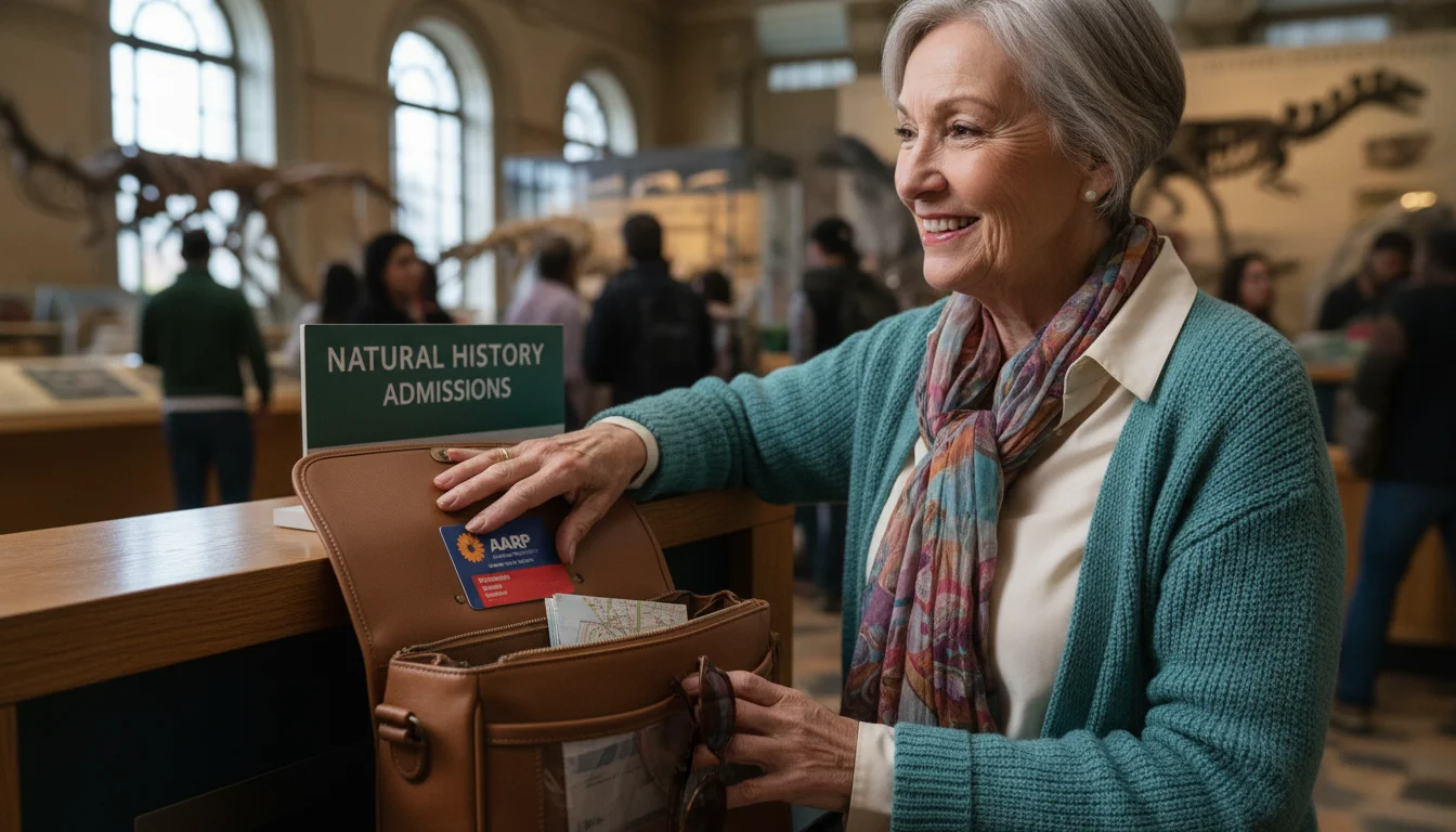 A woman in her late 60s with a warm smile, standing at a museum ticket counter, subtly ready to use a senior discount.